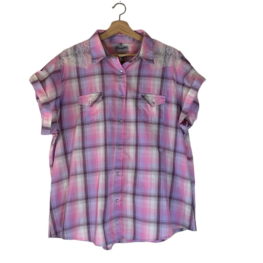 Wrangler Wrancher Womens Pink Plaid and Lace Short Sleeve Snap Button 3X Blouse